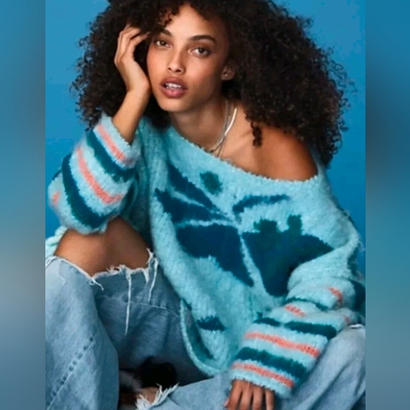 Free People Sweaters - NWT Free People Lily Pullover Striped & Floral Oversized Sweater In Sky Blue